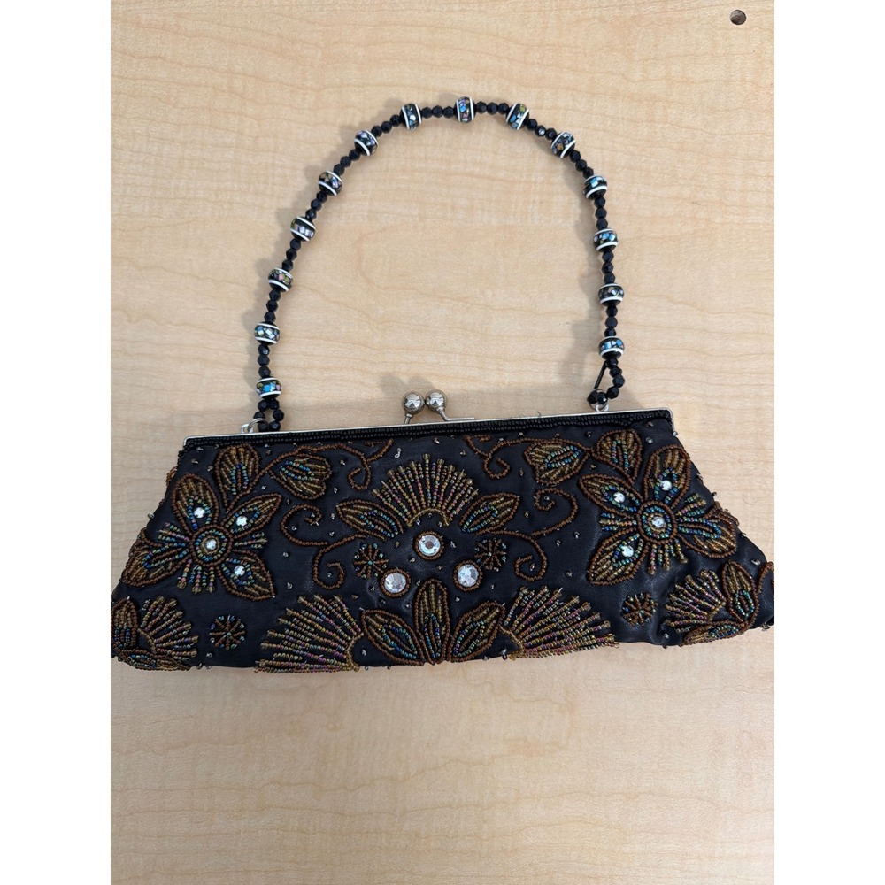 Fashion Express Black Beaded Floral Evening Clutch Rhinestone Kiss Lock Handbag